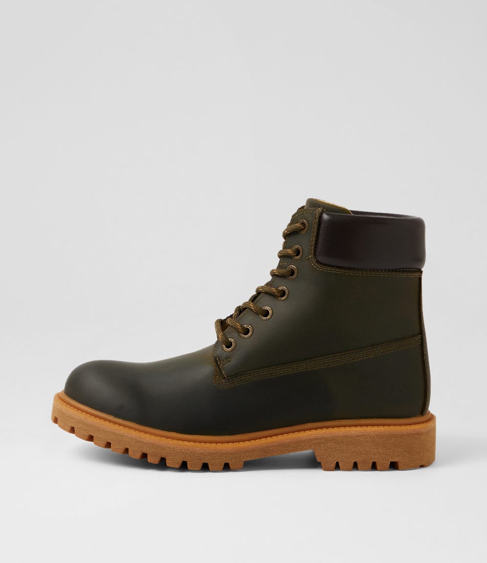 Flora Khaki Leather Lace Up Boots