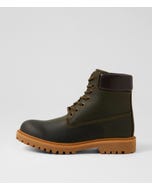 Flora Khaki Leather Lace Up Boots