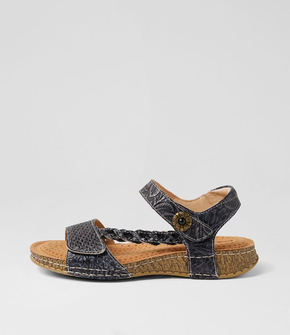 Petras Black Embossed Leather Strappy Sandals