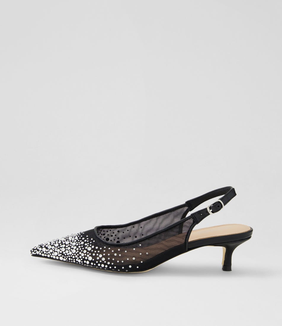 Quille Black Silver Jewel Mesh Leather Heels