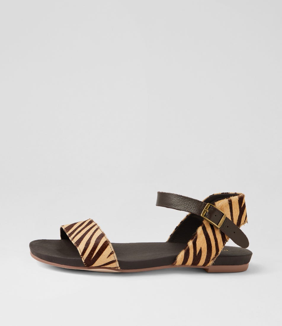 Jinnit Camel Choc Zeb Pony Leather Sandals