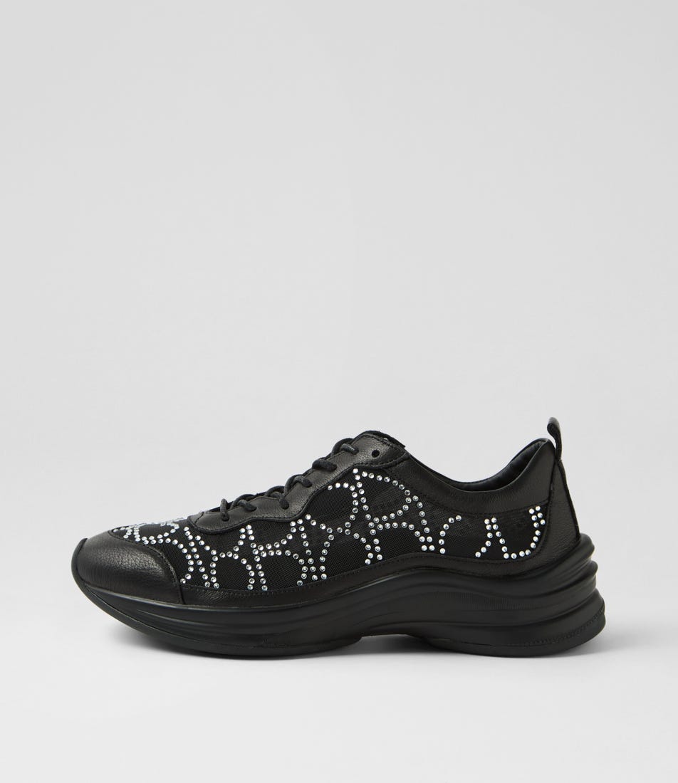 Kliver Black Silver Jewels Leather Mesh Sneakers