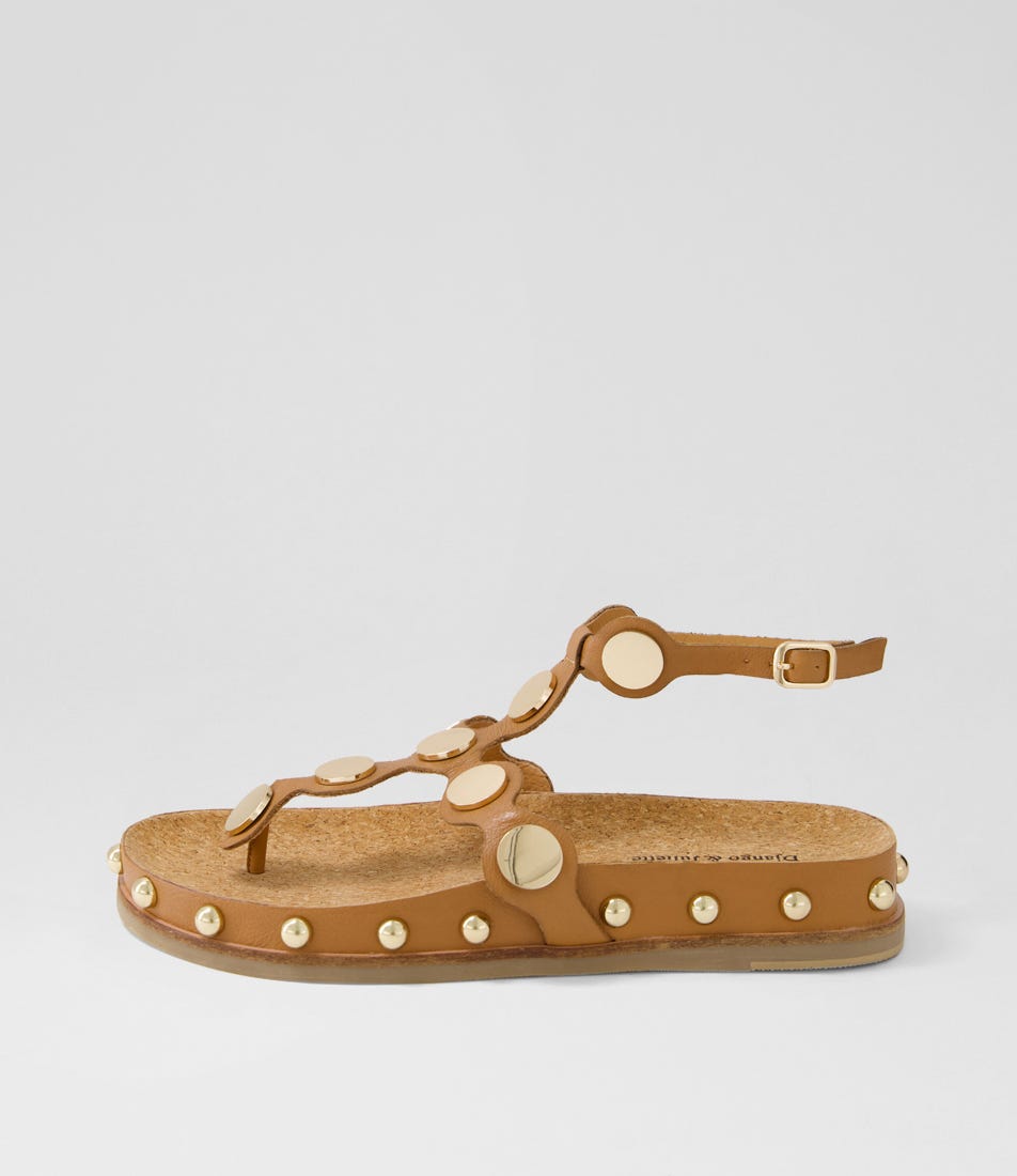 Qellon Dark Tan Gold Leather Sandals