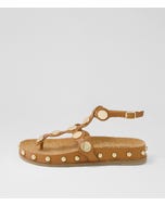 Qellon Dark Tan Gold Leather Sandals