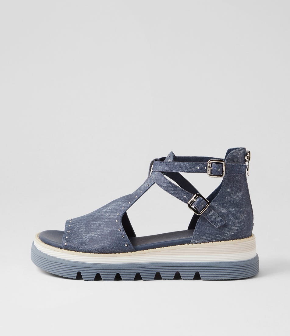 Sorens Blue Distressed Denim Leather Sandals