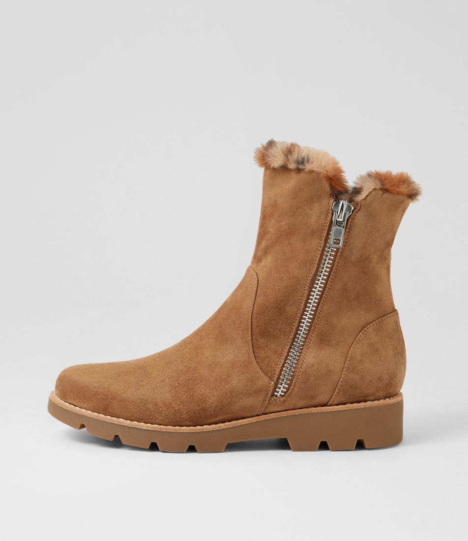 Dlinga Light Choc Tan Leopard Suede Fur Ankle Boots
