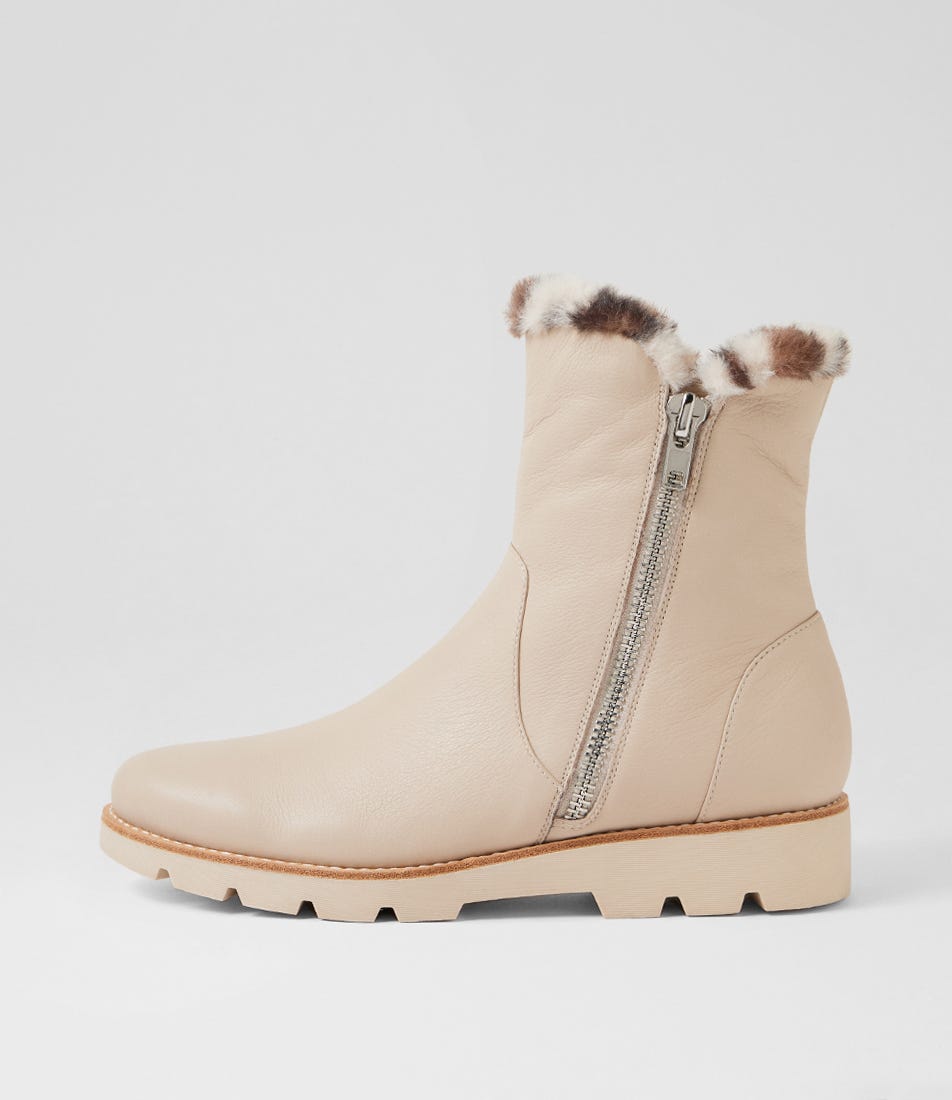 Dlinga Vanilla White Leopard Leather Fur Ankle Boots