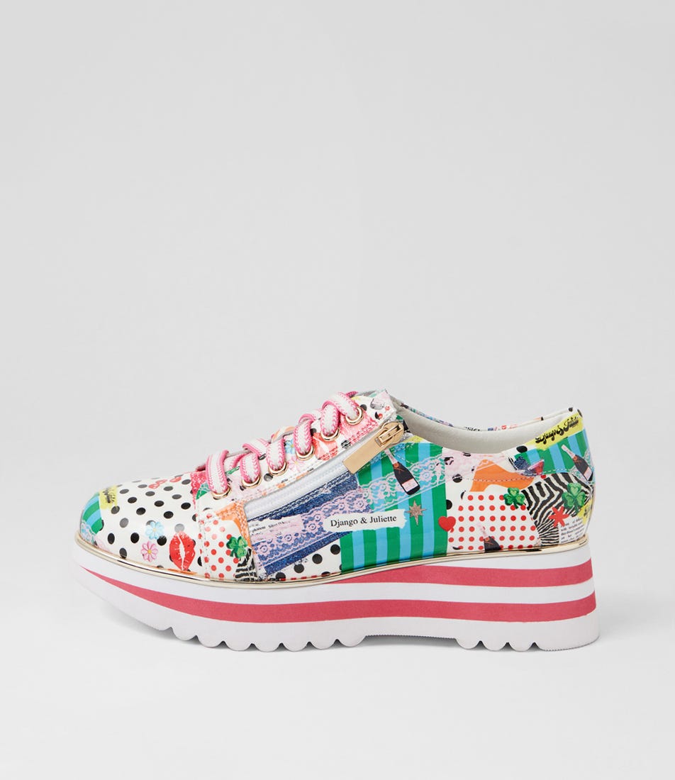 Eammes Collage 2 Print Patent Leather Lace Up Flats