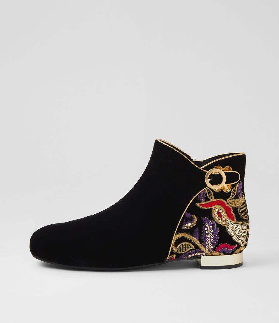 Fianni Black Embroidery Velvet Ankle Boots
