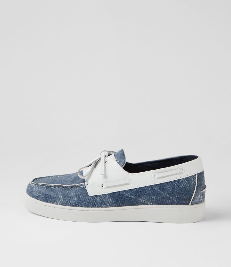 Jaylohs Blue Dist White Leather Boat Shoes