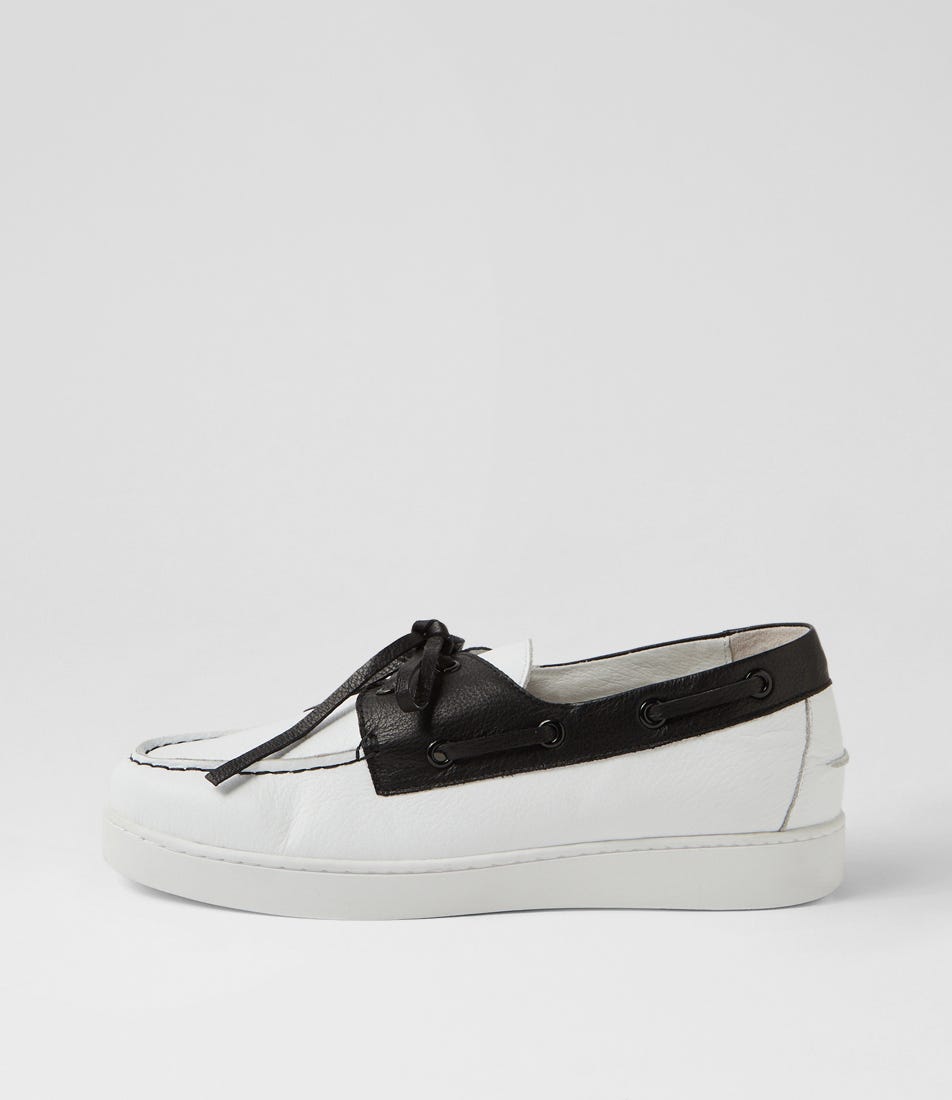 Jaylohs White Black Leather Boat Shoes