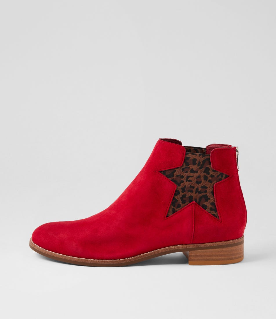 Nojis Red Leopard Suede Elastic Ankle Boots