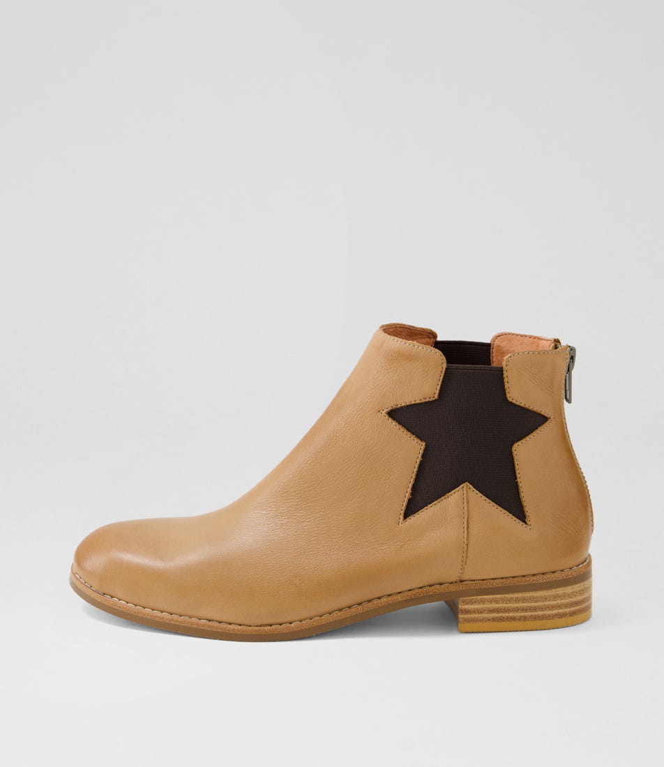 Nojis Dark Tan Choc Leather Elastic Ankle Boots