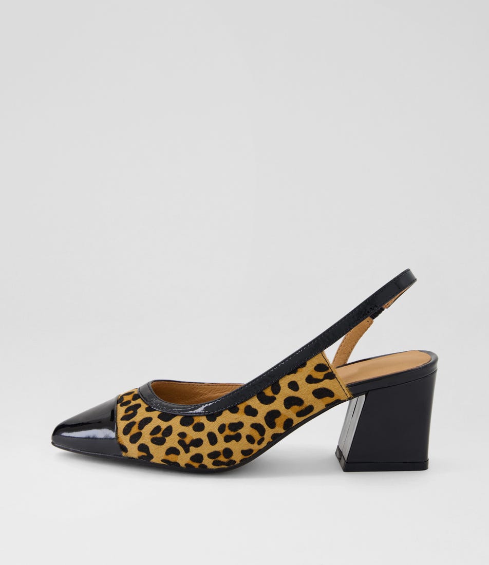 Marlenes Black Tan Leopard Patent Leather Heels