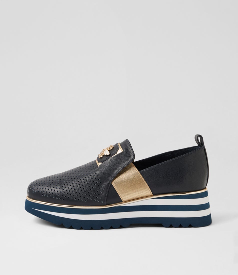 Ensom Navy Gold Leather Loafers
