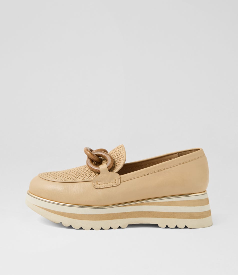 Eggey Camel Natural Leather Synthetic Raffia Loafers