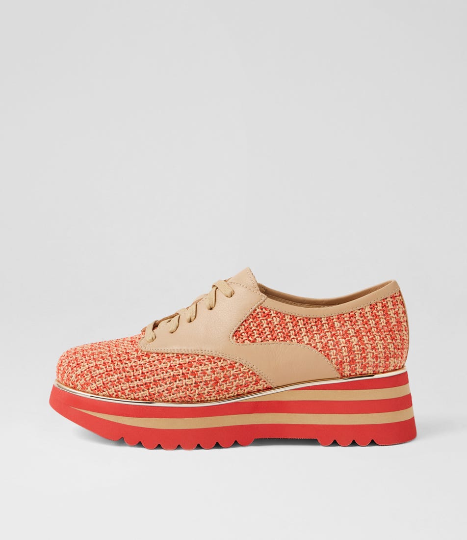 Endo Melon Natural Synthetic Raffia Leather Lace Up Flats