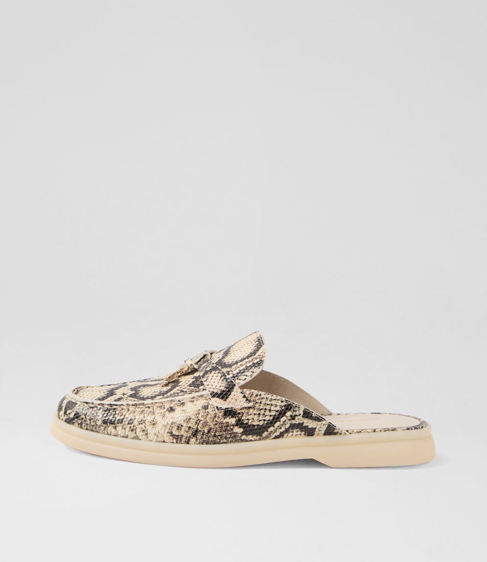 Lizzo Black Beige Snake Leather Mules