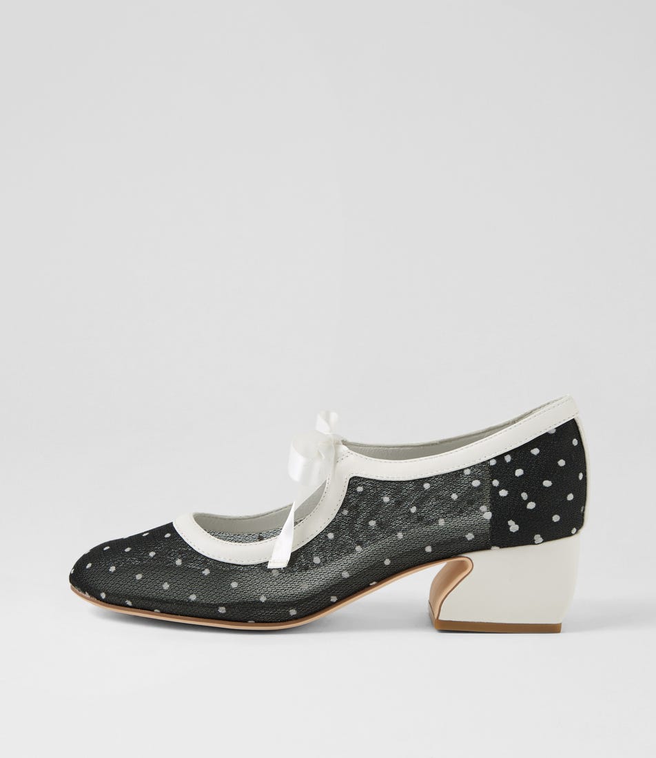 Rhody Black White Spot White Leather Heels