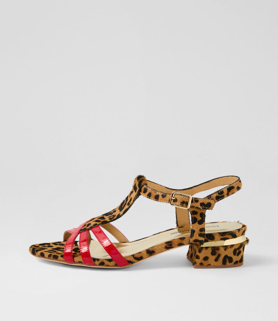 Tangots Red Tan Leopard Patent Leather Sandals