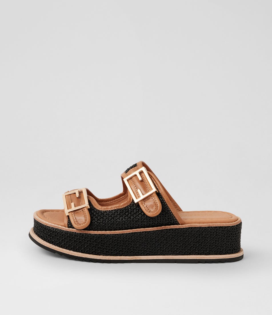 Vexta Tan Black Leather Synthetic Raffia Sandals