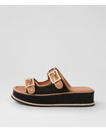 Vexta Tan Black Leather Synthetic Raffia Sandals