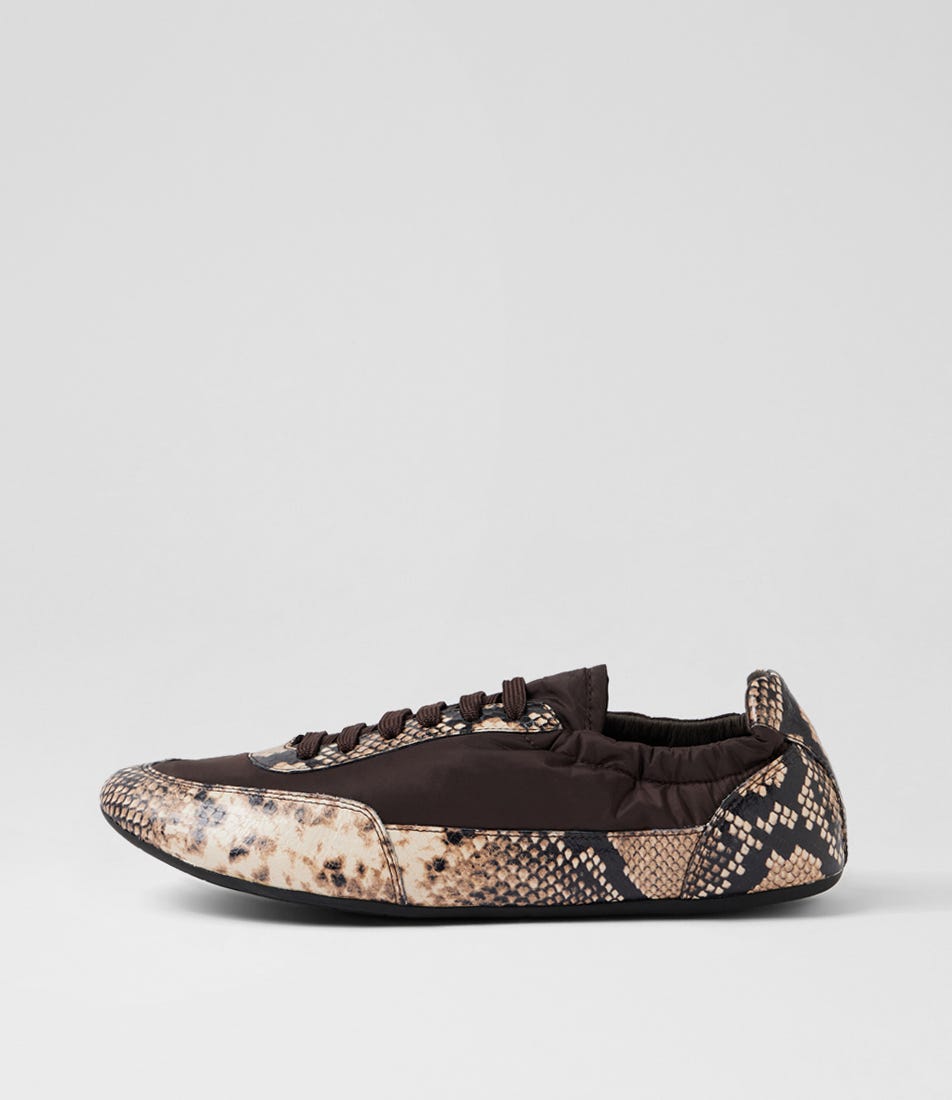 Brinkle Black Caramel Snake Choc Leather Fabric Flat Shoes