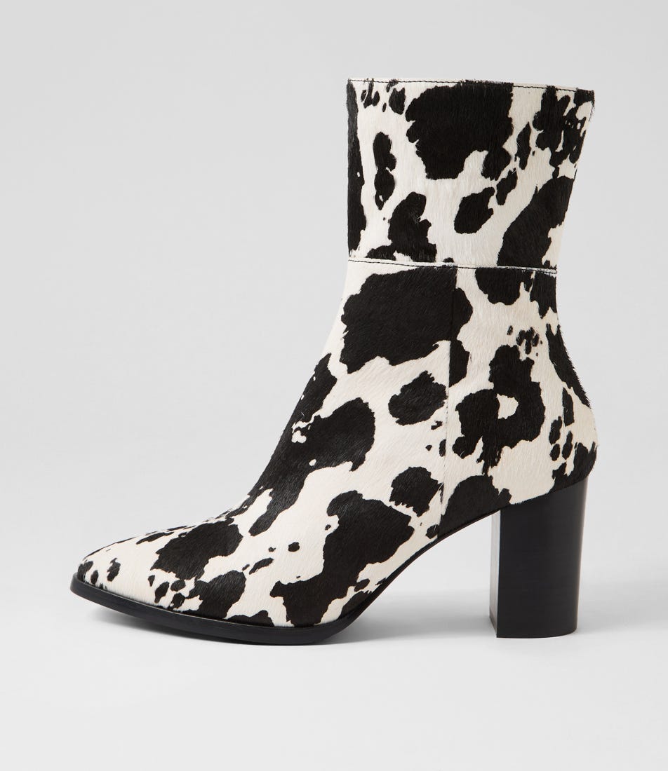 Ankit Black White Cow Pony Ankle Boots