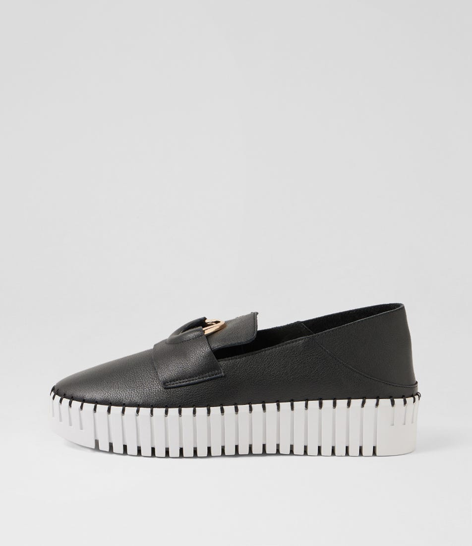 Burbanks Black White Leather Flat Shoes