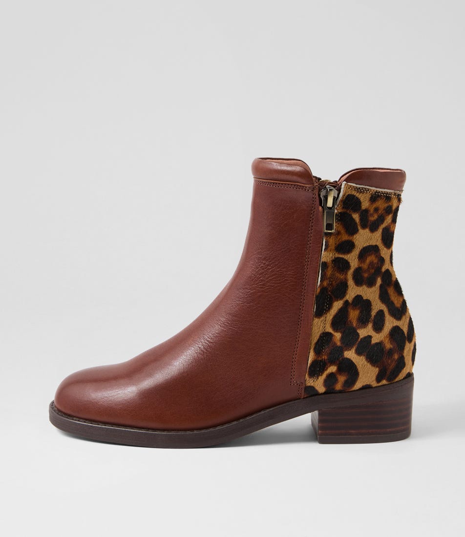 Crewe Cognac Big Leopard Leather Pony Ankle Boots