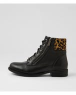 College Black Light Tan Leopard Leather Multi Lace Up Boots