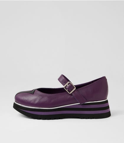 Elanies Purple Black Leather Flat Shoes