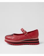 Elanies Dark Red Black Leather Flat Shoes