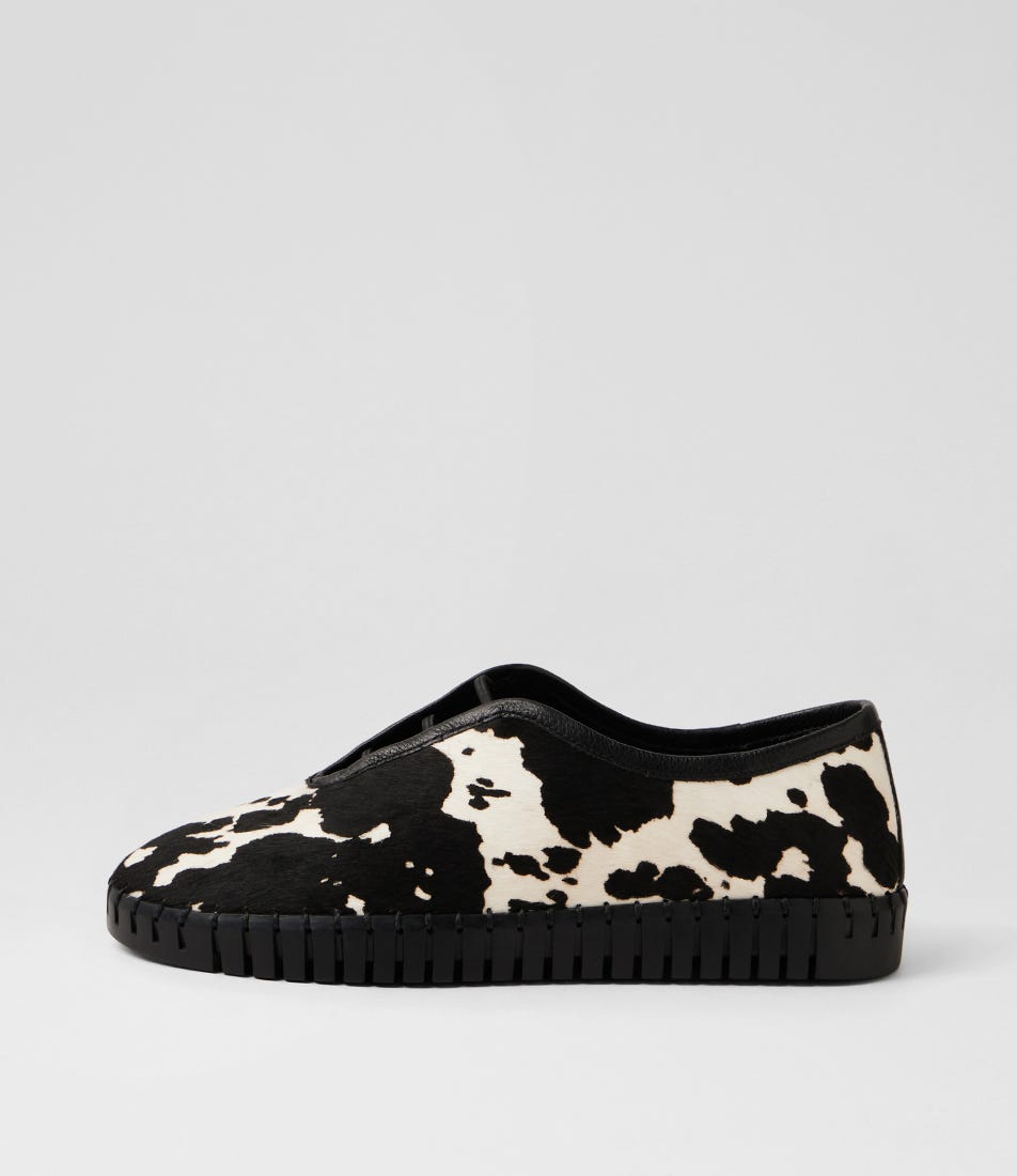 Hasuda Black White Cow Black Pony Flat Shoes