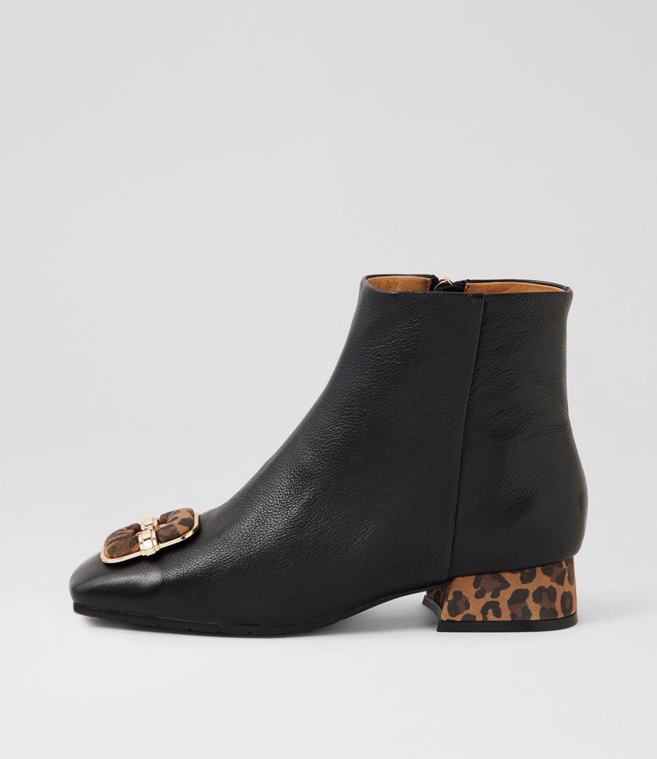 Saneto Black Camel Leopard Leather Suede Ankle Boots