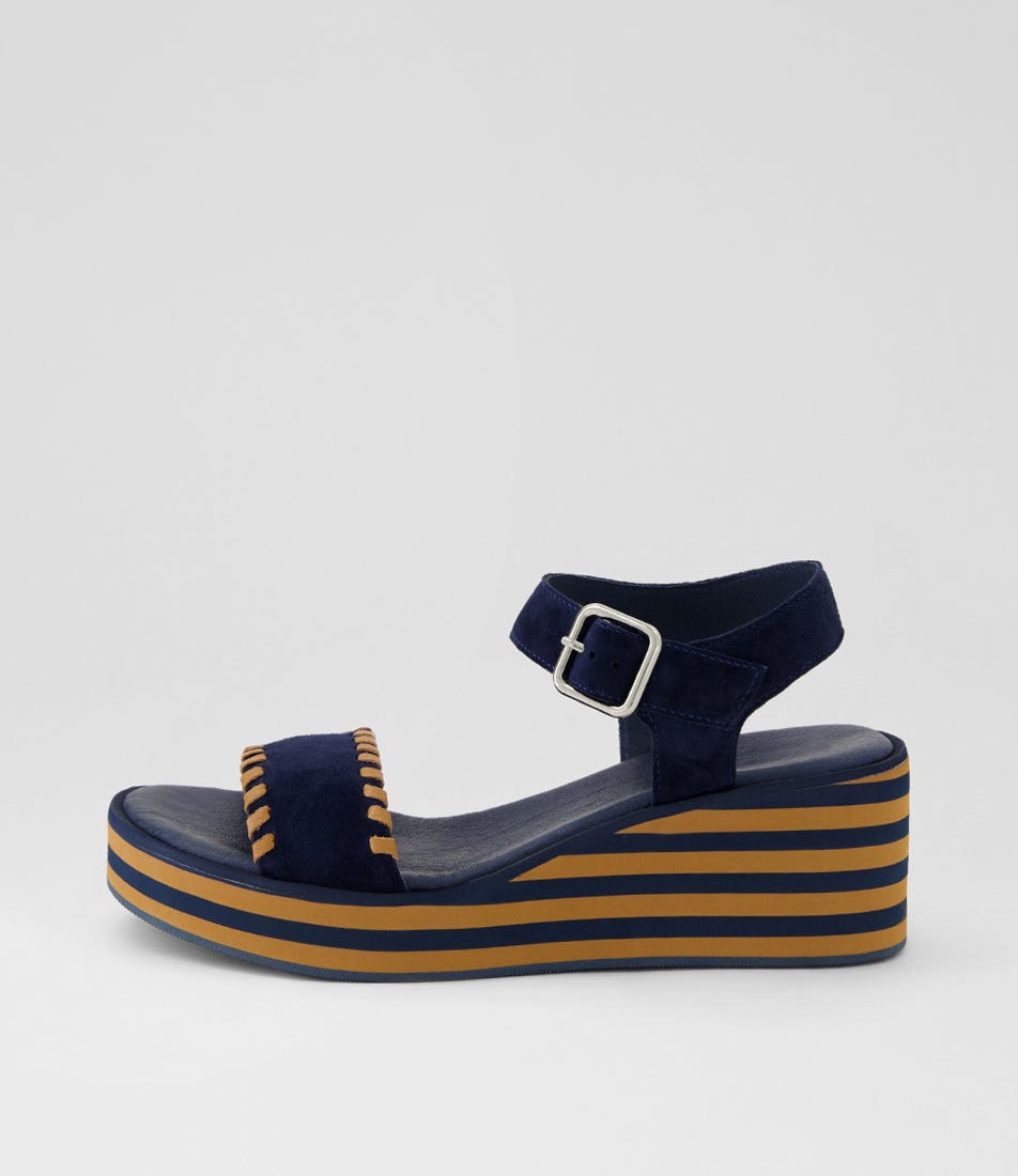 Faline Navy Dark Tan Suede Leather Sandals