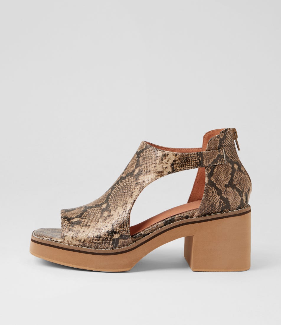 Joyann Camel Choc Snake Leather Sandals