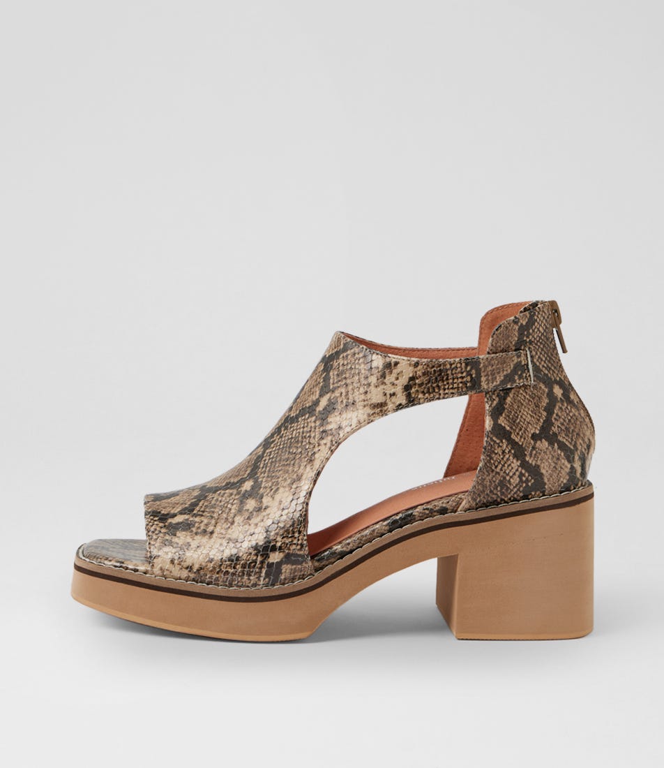 Joyann Camel Choc Snake Leather Sandals
