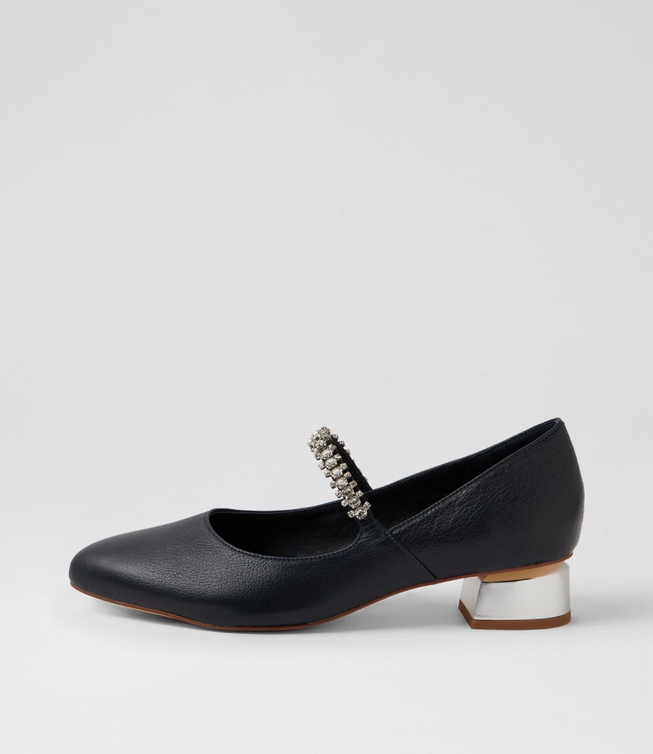 Julena Navy Leather Mary Jane Heels
