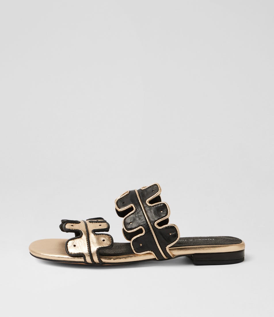 Keiko Gold Black Leather Slides