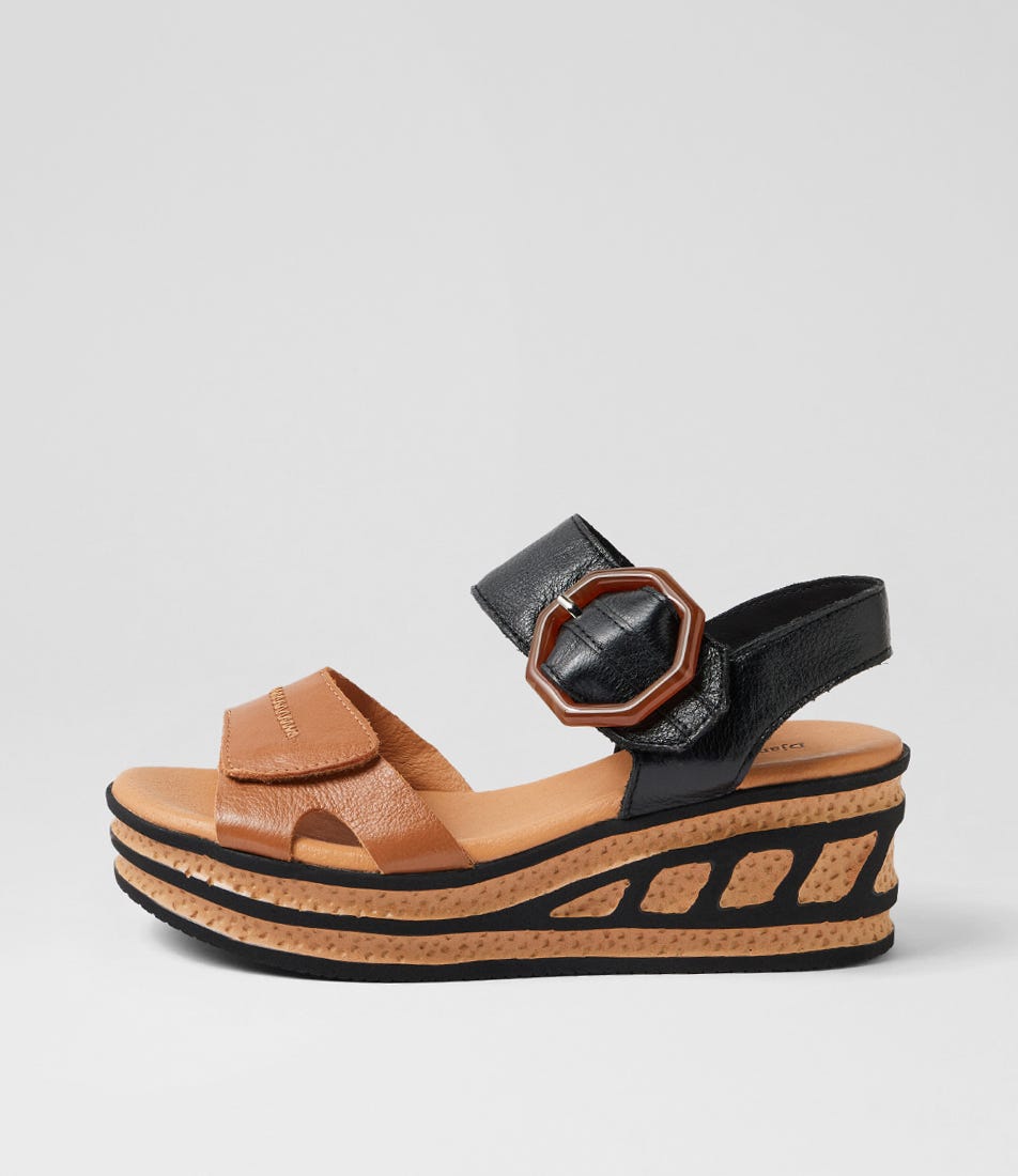 Qali Dark Tan Black Leather Multi Platform Wedge Sandals
