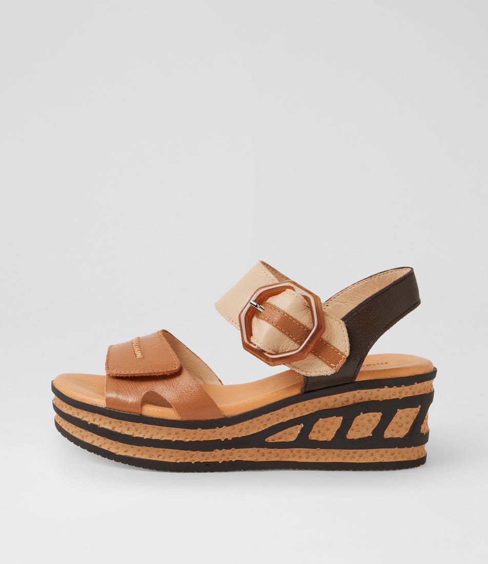 Qali Dark Tan Camel Leather Multi Platform Wedge Sandals