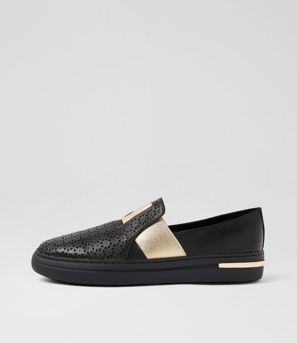 Wilida Black Gold Leather Elastic Sneakers