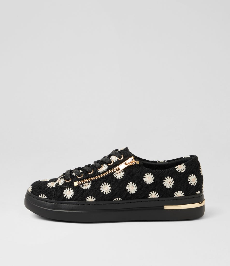 Wovies Black Beige Linen Flower Fabric Sneakers