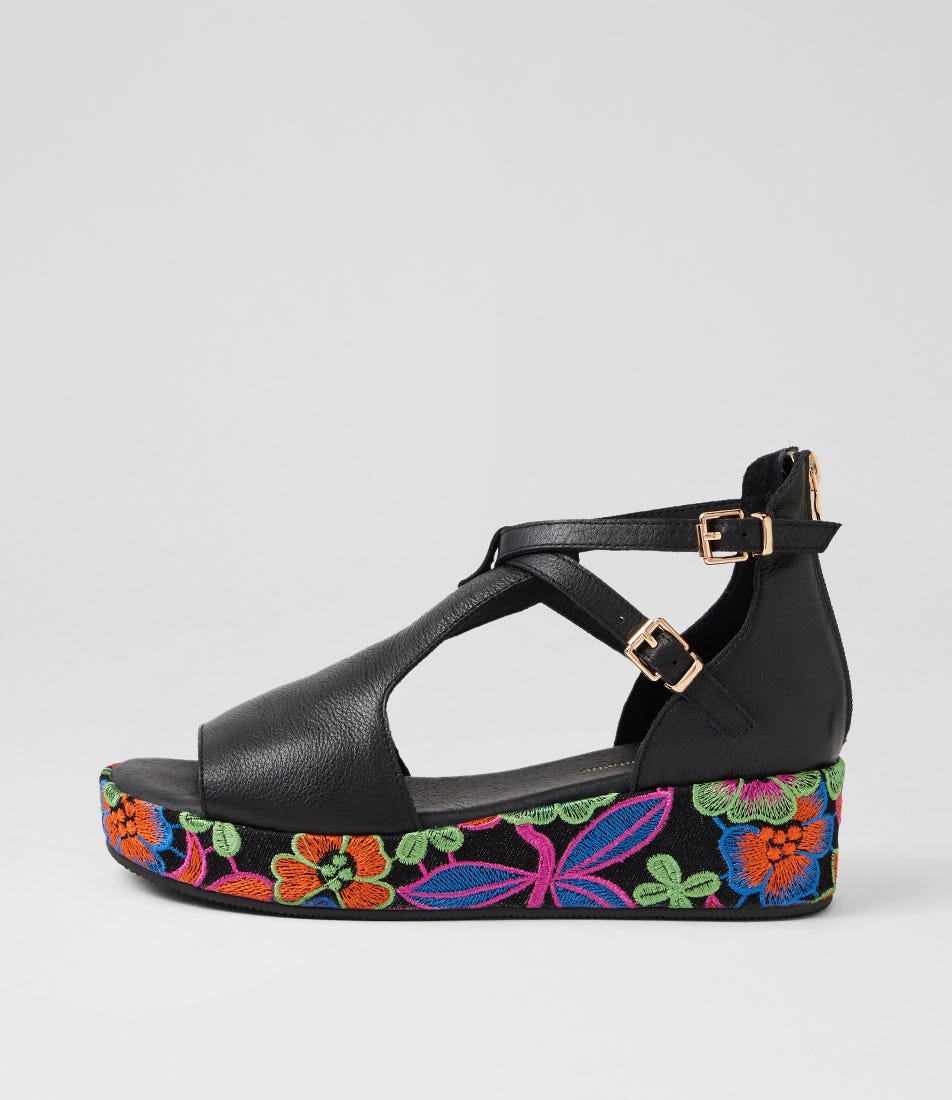Xiao Black Bright Multi Leather Fabric Platform Sandals