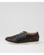 Derby Applique Black Leather Lace Up Flats