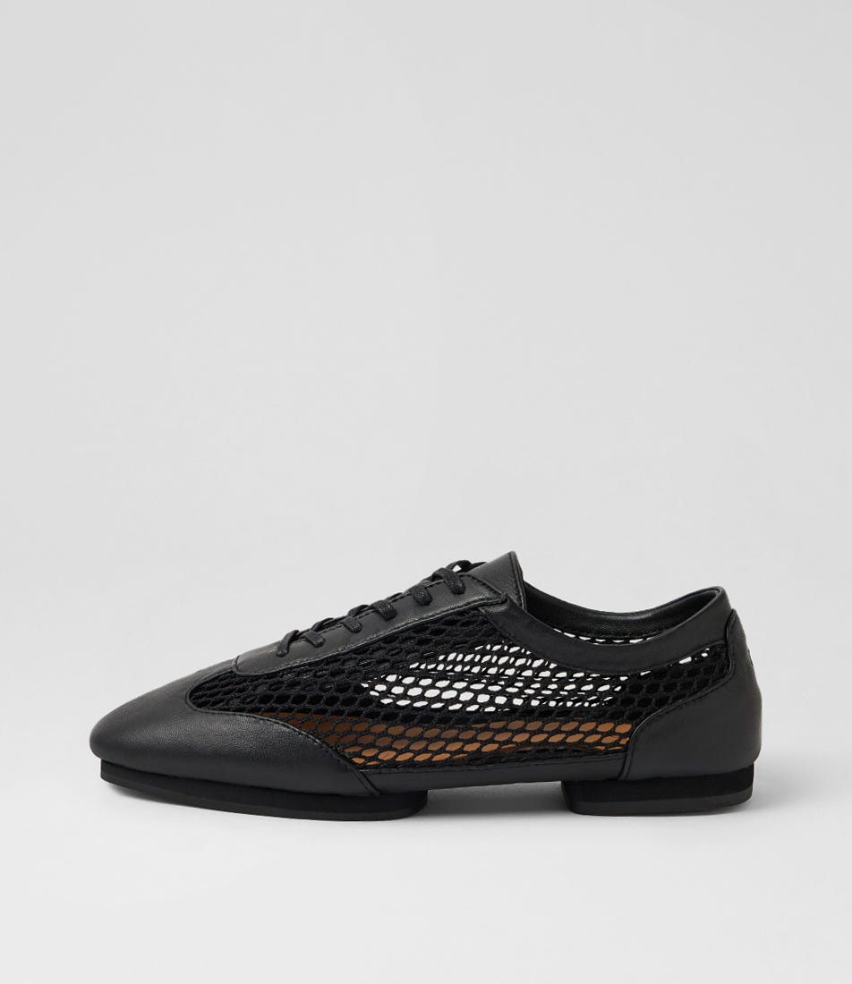 Remy Black Leather Mesh Lace Up Flats