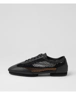 Remy Black Leather Mesh Lace Up Flats