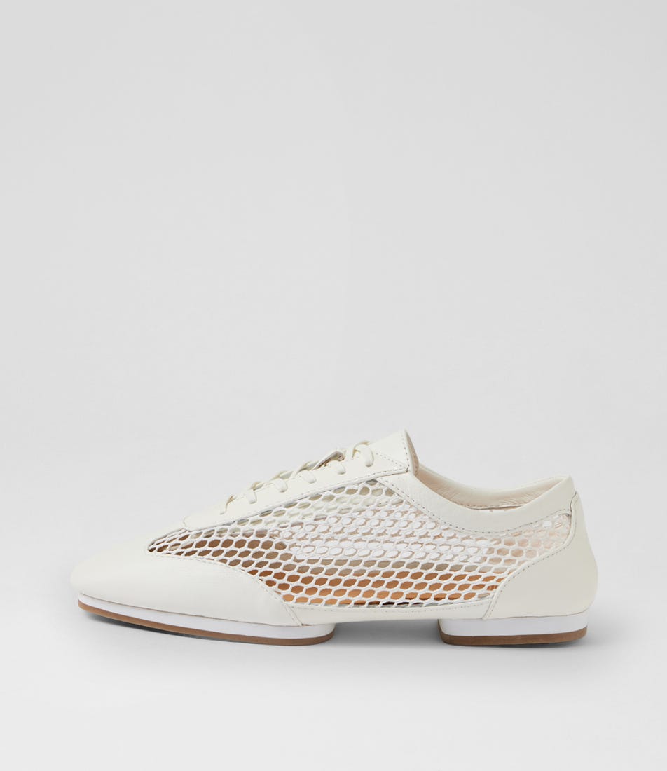 Remy White Leather Mesh Lace Up Flats