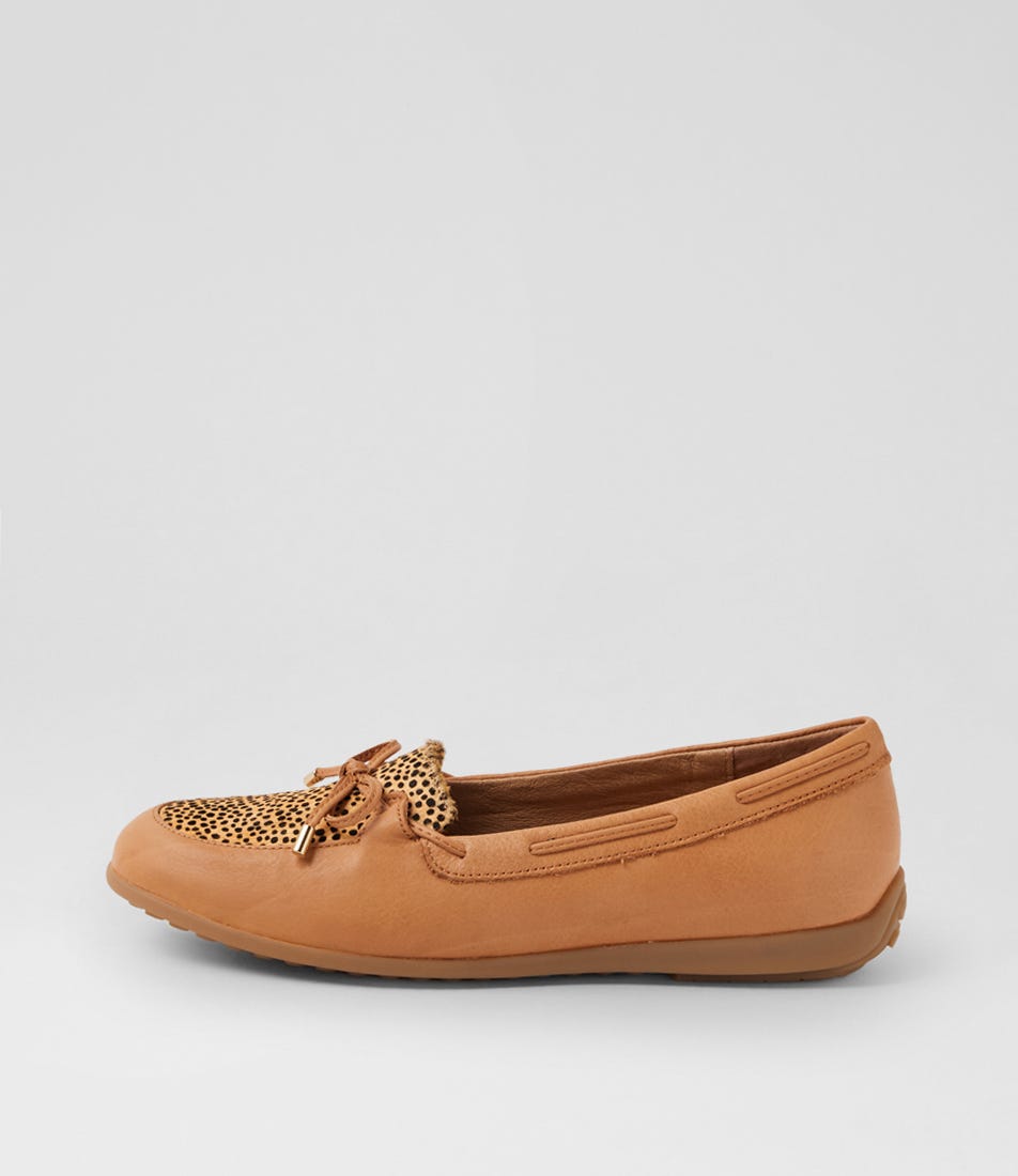 Fabias Dark Tan Dot Leather Fur Flat Shoes